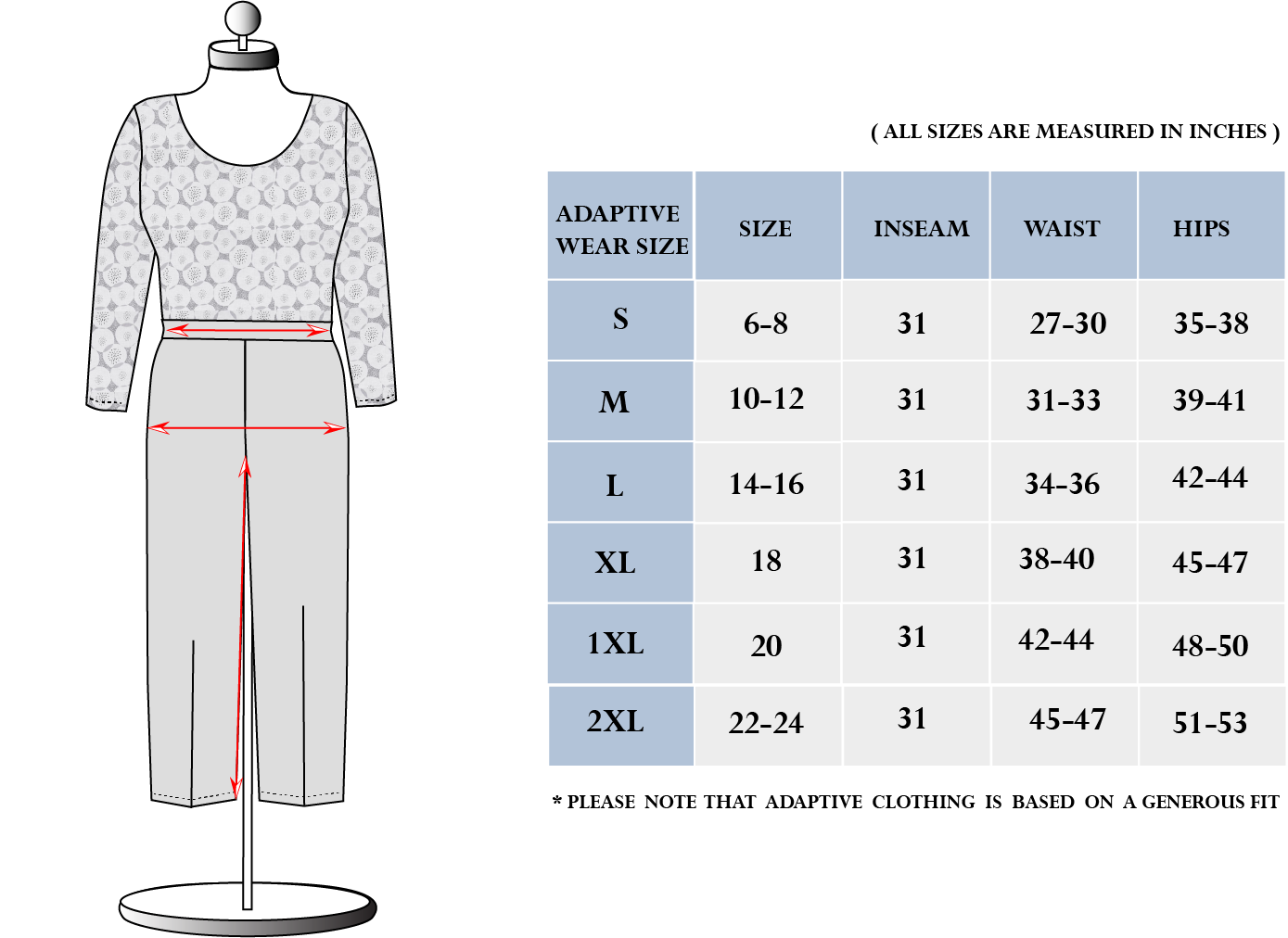 Womens Pant Size Chart Us