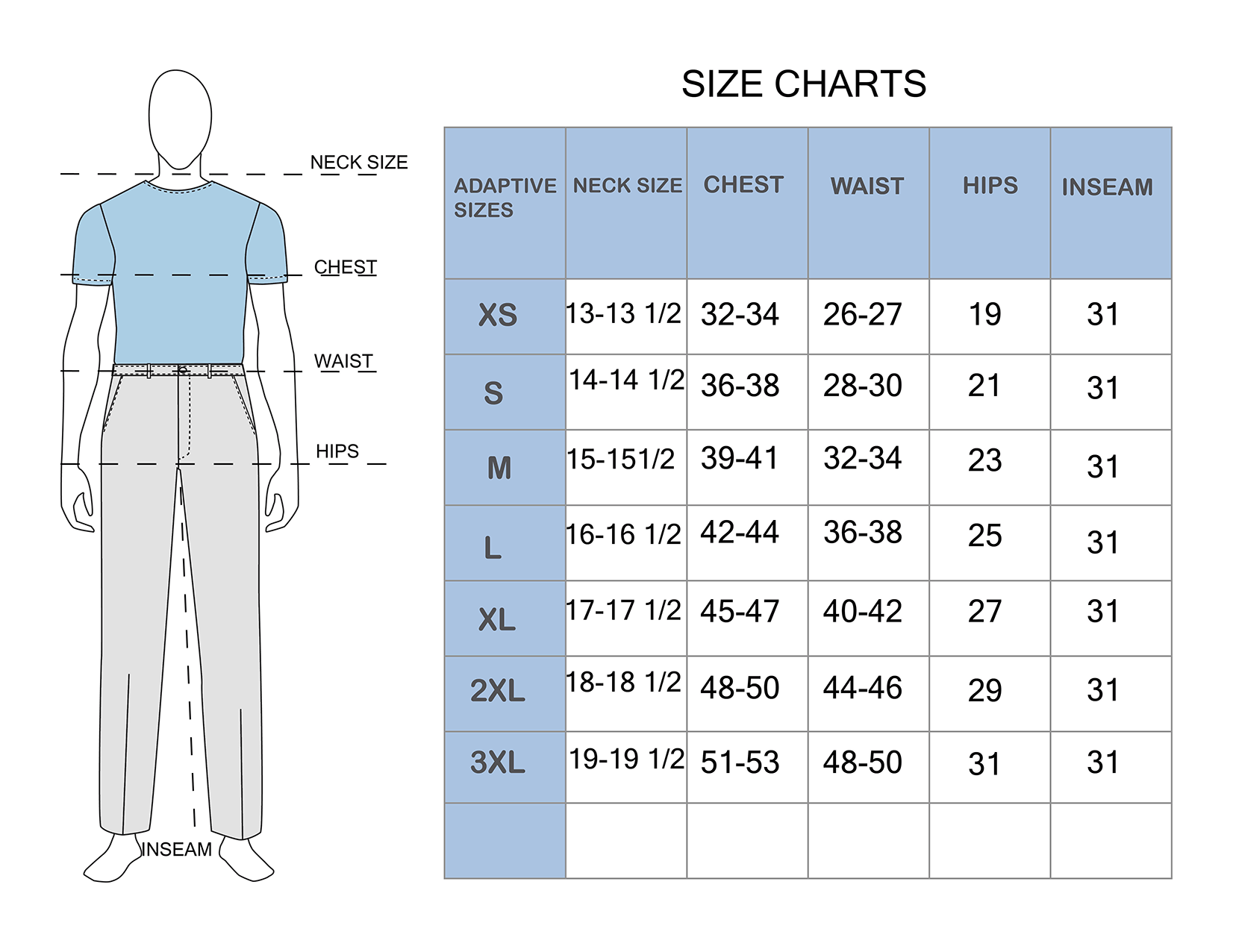 Young Men's Size Chart
