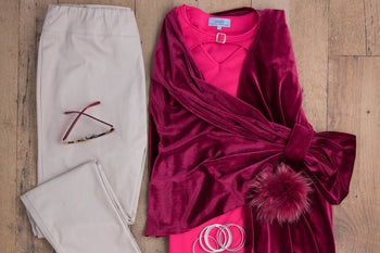 fuchsia gigi adaptive top and shawl with beige sophie adaptive pants with back-panels for elderly women