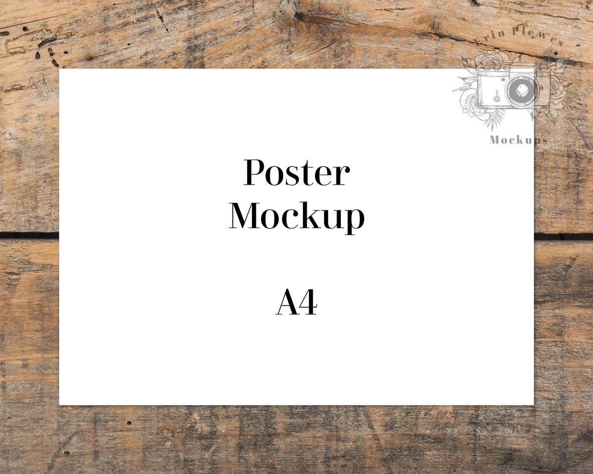 Download A4 Print Mockup, Horizontal poster mockup on brown farmhouse rustic wo