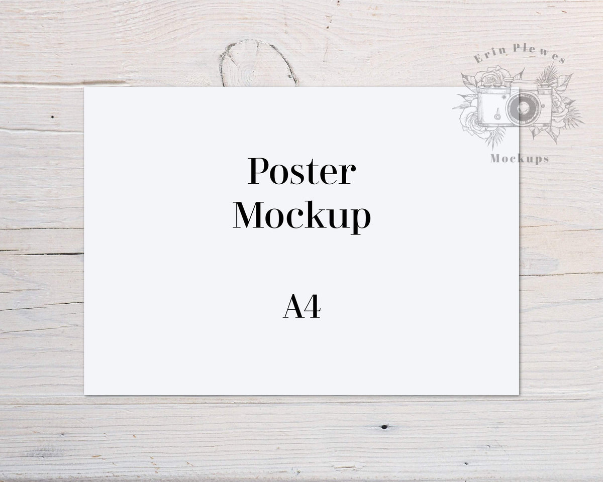 Download A4 Print Mockup, Horizontal poster mockup on white farmhouse rustic wo