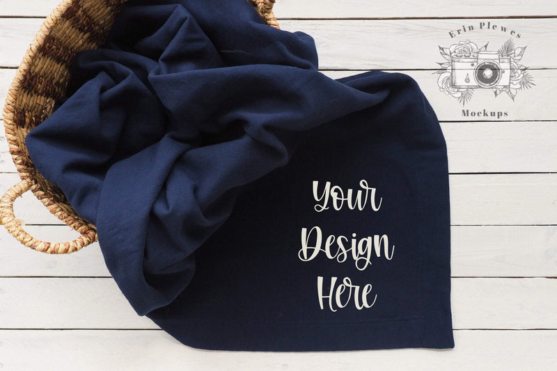 Download Blanket Mockup, Gildan Fleece Blanket Mock Up in a Basket, Navy Blanke