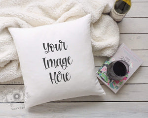 Erin Plewes Mockups Pillow Mockup, Pillow case mockup with blanket and wine for styled stock photography, Throw pillow mock up digital download