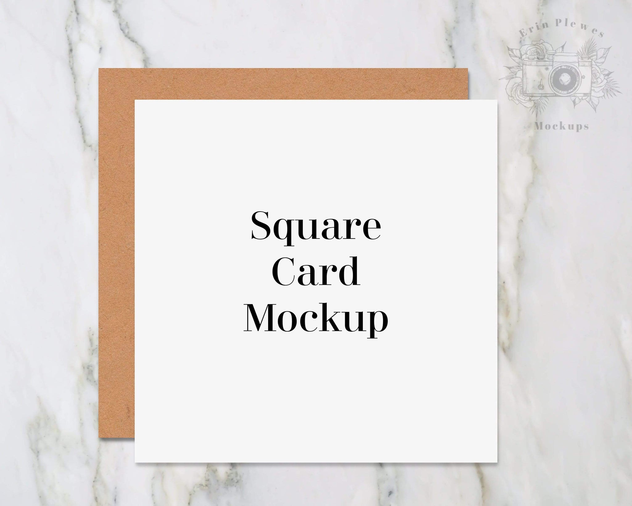Square card mockup with kraft envelope, Invitation mockup on marble, T