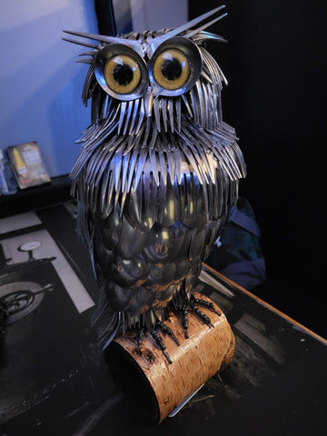 Metal Owl with Yellow Owl Eyes