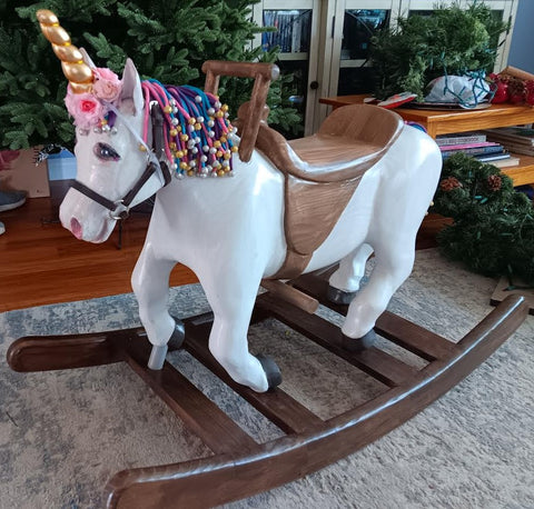 Unicorn Wooden Rocking Horse with High Dome Albino Horse Glass Eyes