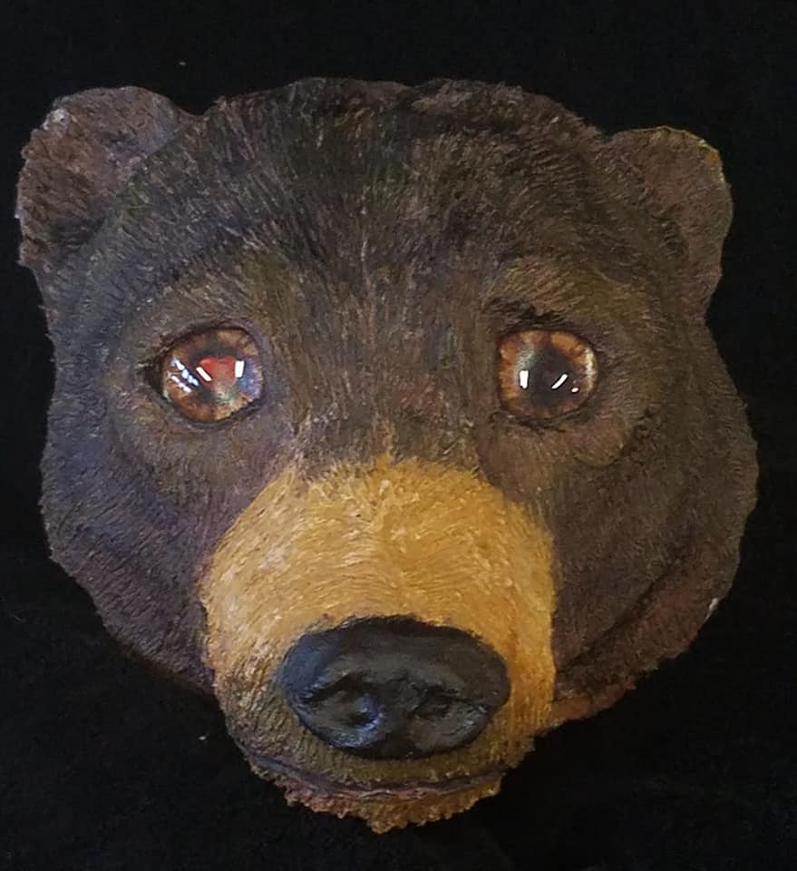 bear sculpture with animated heart glass eyes by sunset lodge creations