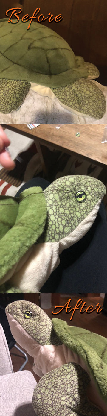 before and after stuffed turtle with sew on sea turtle eyes