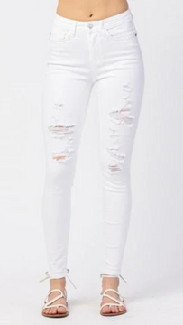 Chrissy Destroyed Mid-Rise Skinny Jean- White