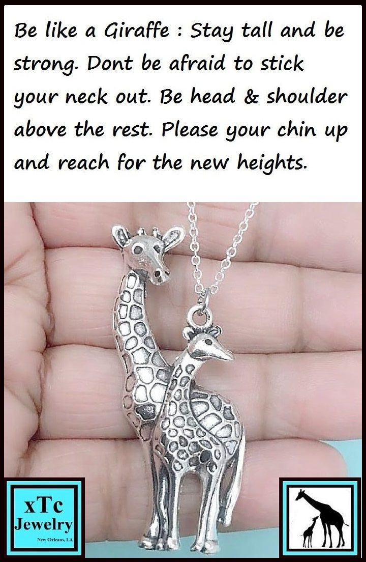 Beautiful Mom & Baby Giraffes Charm Silver Chain Necklace