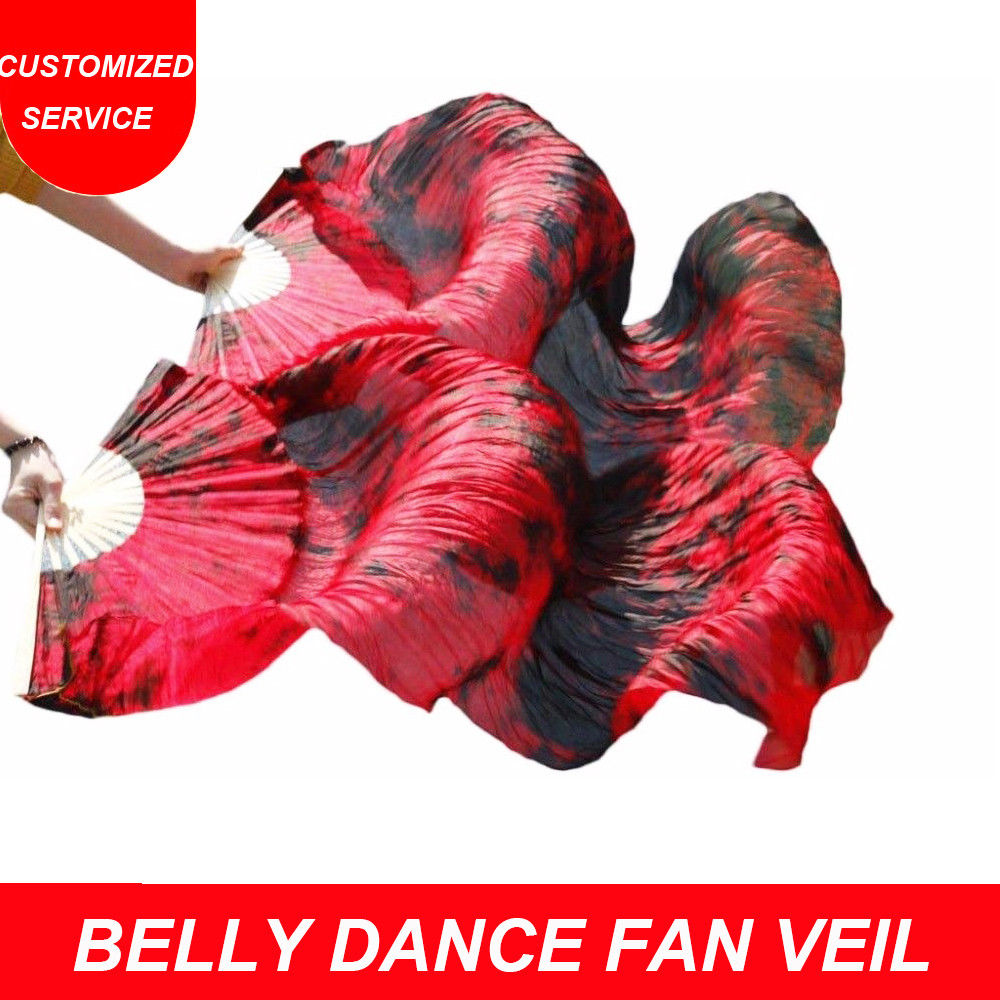 New Arrivals Tie-dyed 100% silk fan veils for Belly Dancer Sexy long silk fans