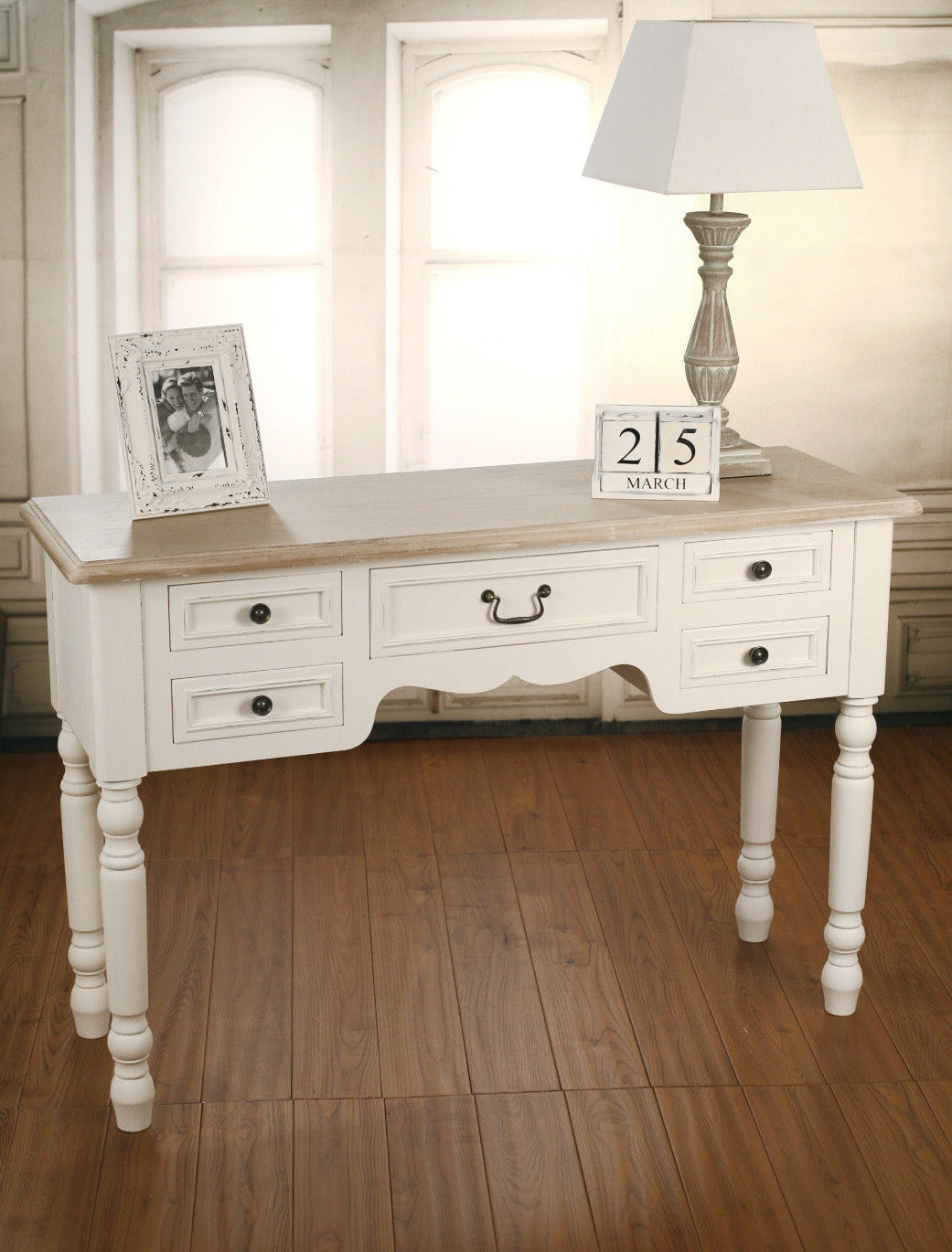 French Provincial Desk Side Table Antiqued Style 5 Drawers Unit