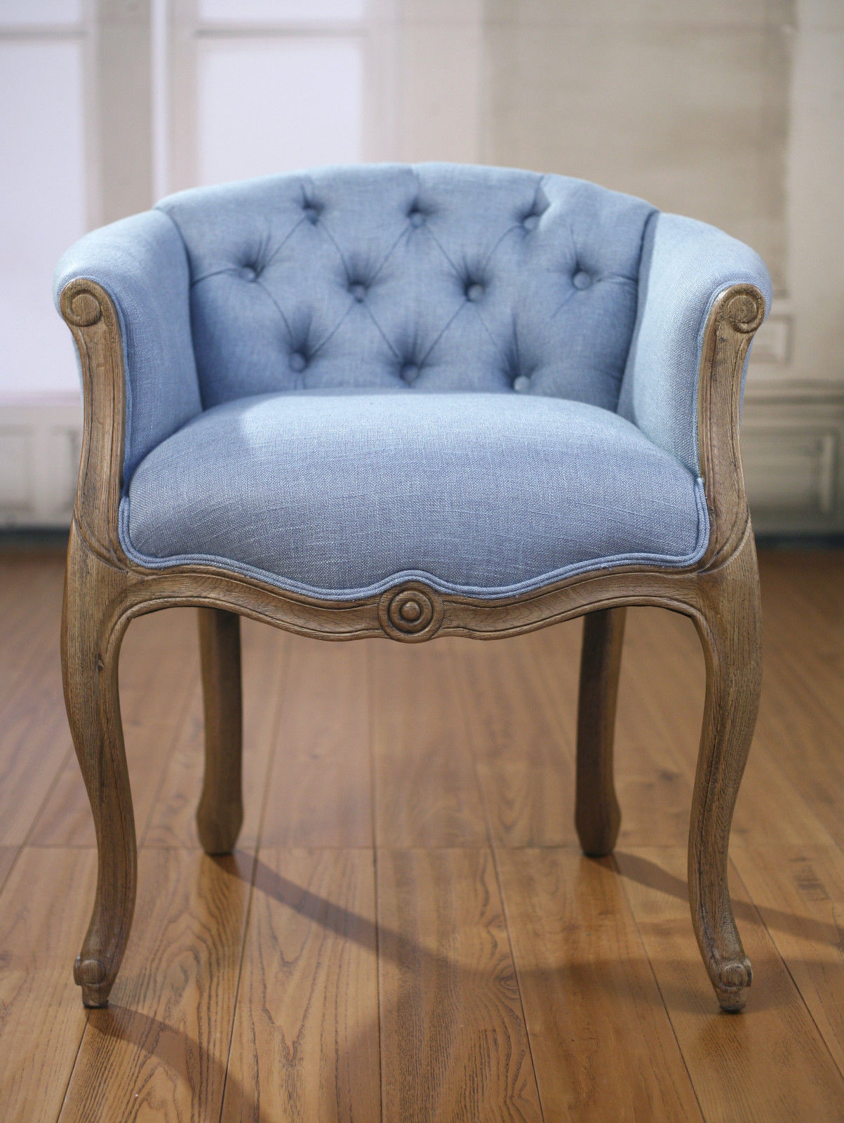 Dining Chair French Provincial Oak Button Bedroom Chair Blue Linen