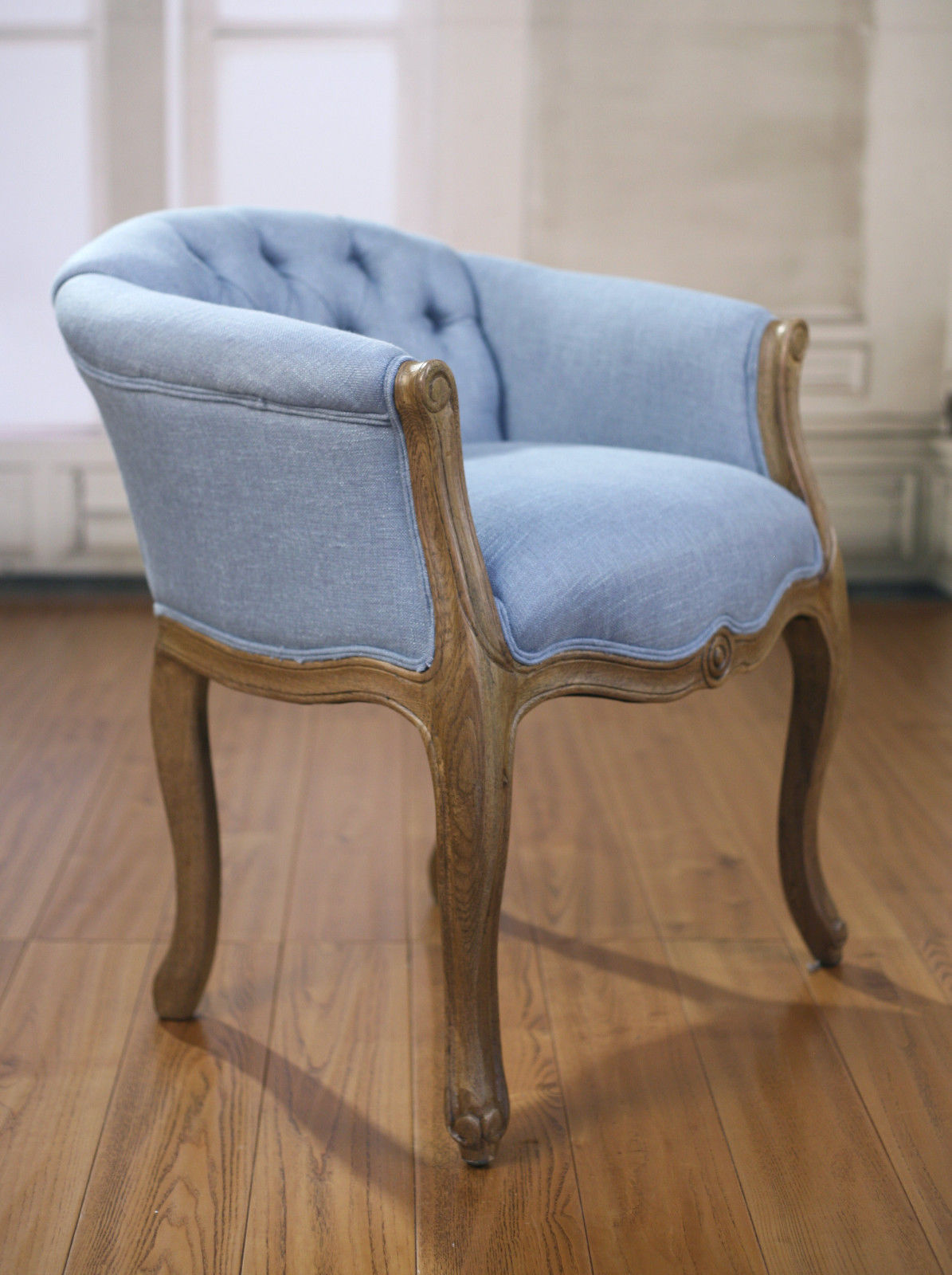 Dining Chair French Provincial Oak Button Bedroom Chair Blue Linen