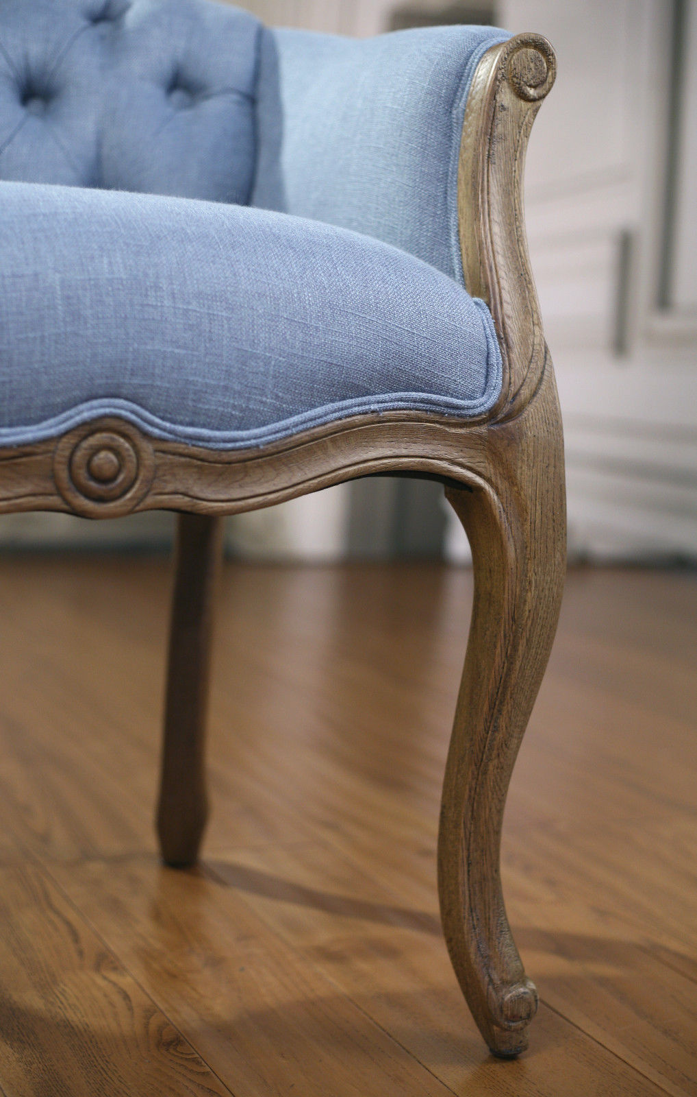 Dining Chair French Provincial Oak Button Bedroom Chair Blue Linen