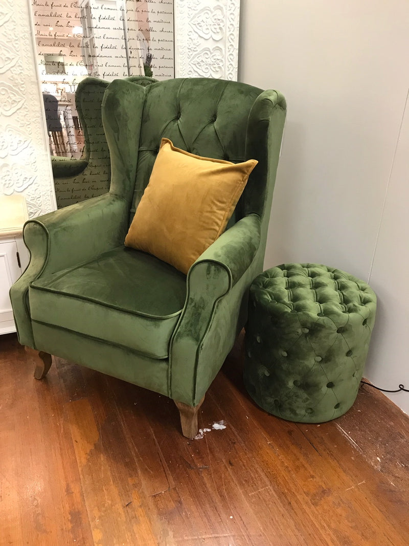 Pre order: Wingback Chair Tufted Green Velvet Oak Chesterfield | Buffet