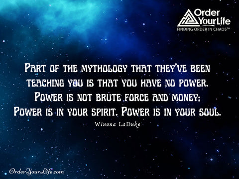 Part of the mythology that they’ve been teaching you is that you have no power. Power is not brute force and money; power is in your spirit. Power is in your soul. ~ Winona LaDuke