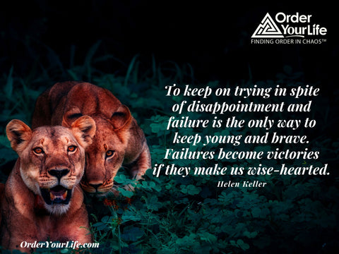 To keep on trying in spite of disappointment and failure is the only way to keep young and brave. Failures become victories if they make us wise-hearted. ~ Helen Keller