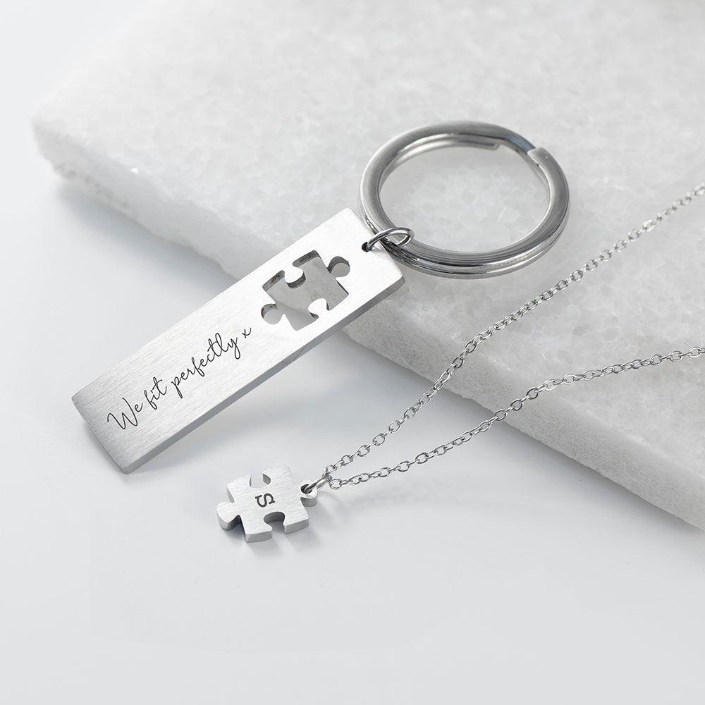 Personalised Perfect Fit Puzzle Piece Necklace & Keyring Set
