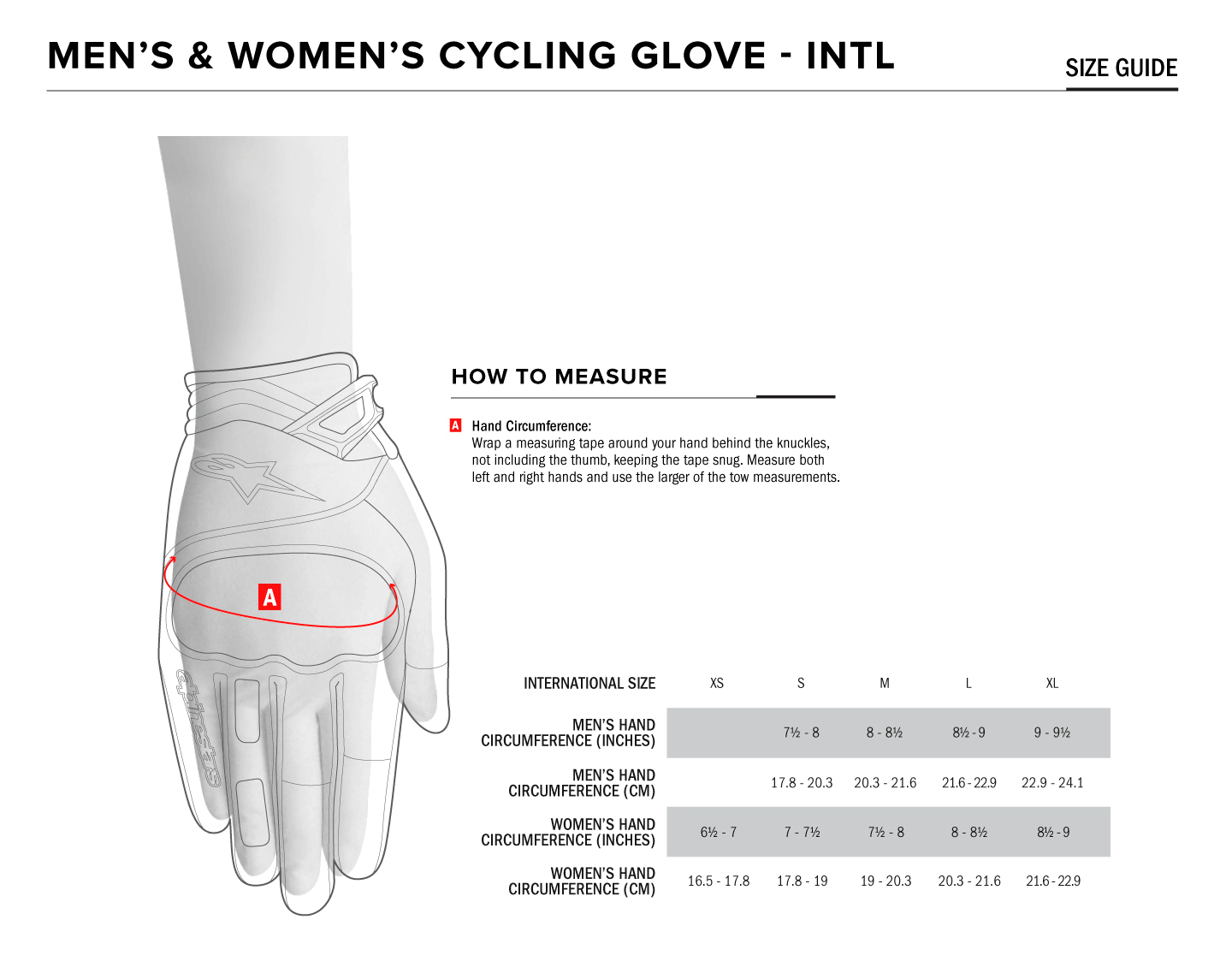 Alpinestars Aspen Pro Gloves size guide