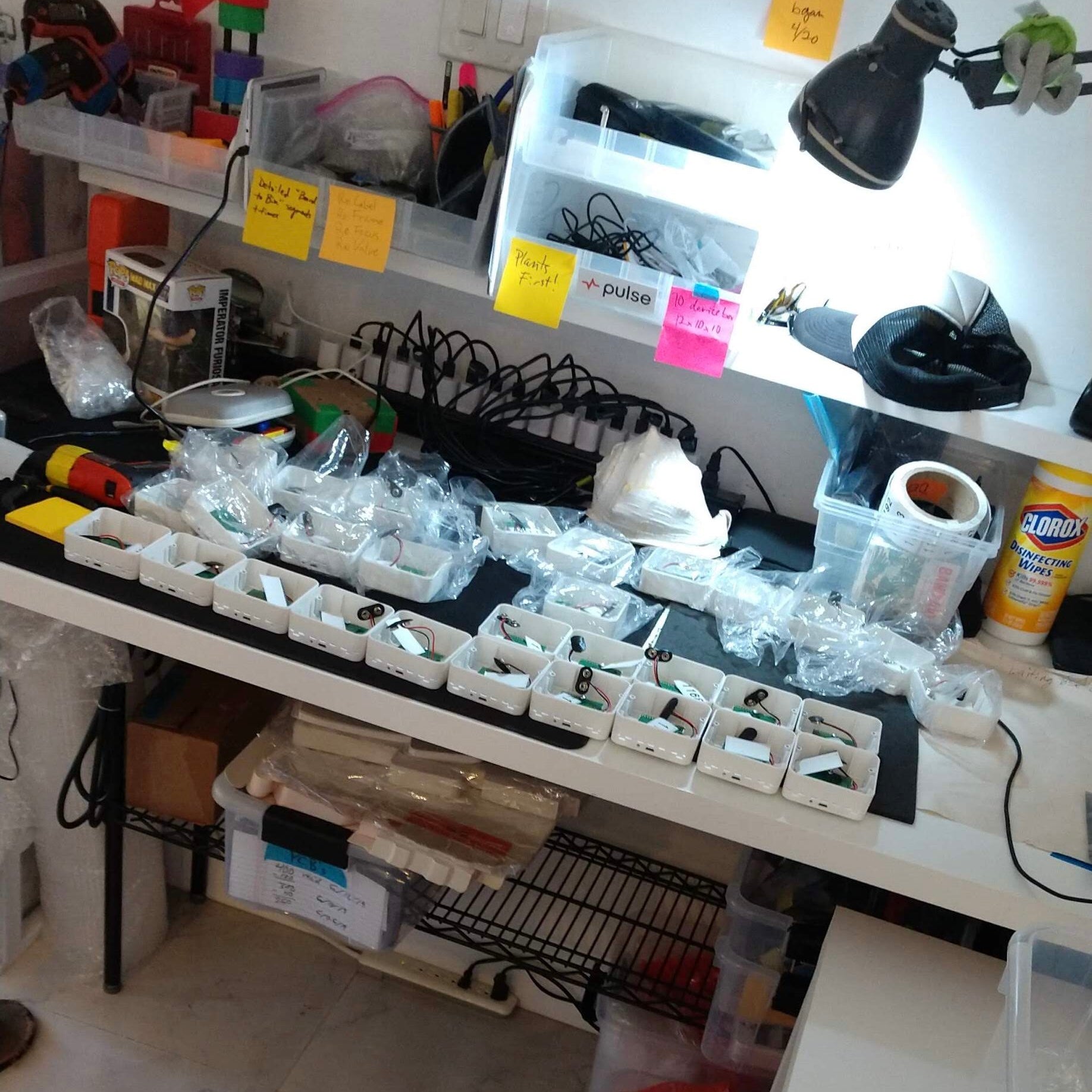 Work bench with supplies and monitors laid out