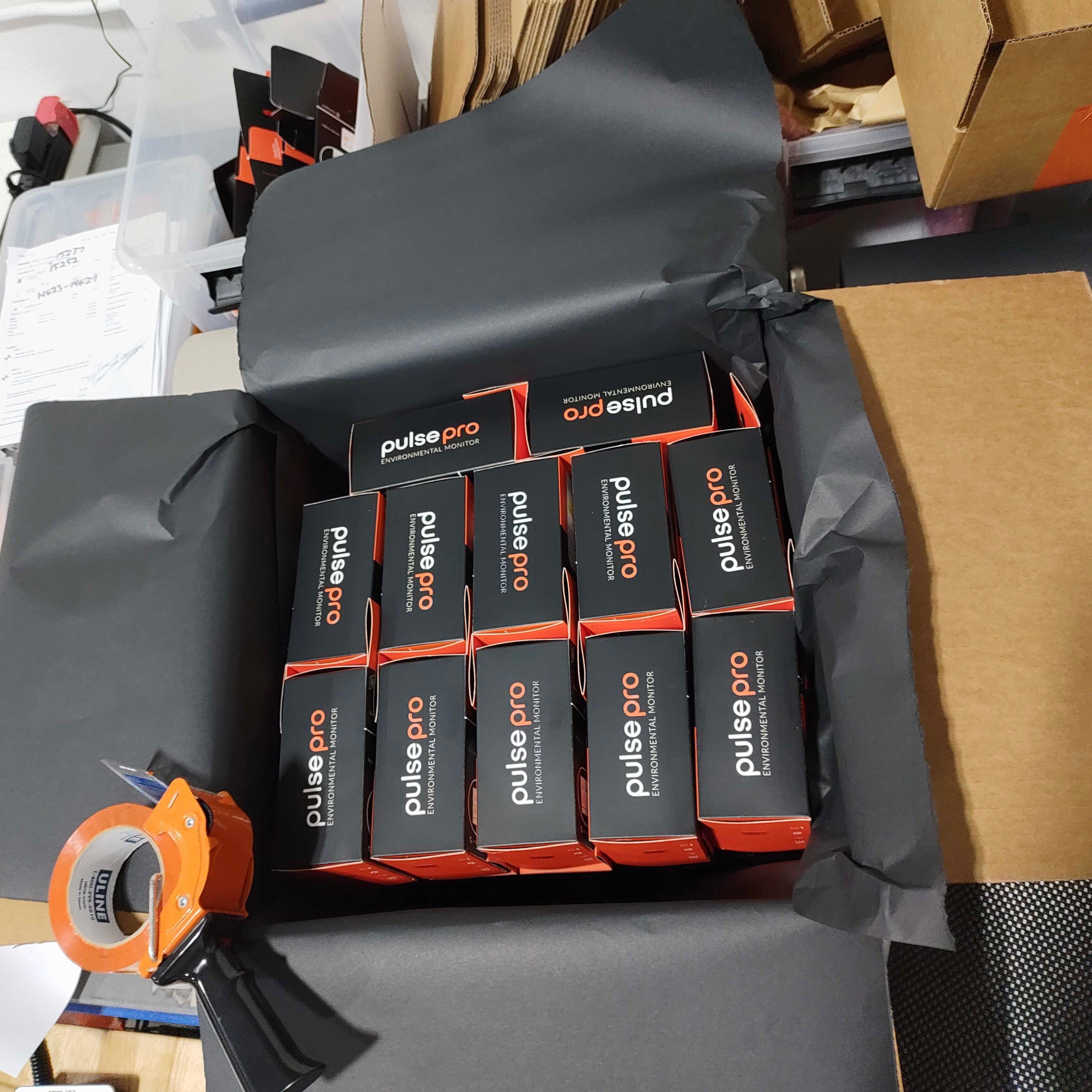 a box of Pulse Pros packed up and ready to ship