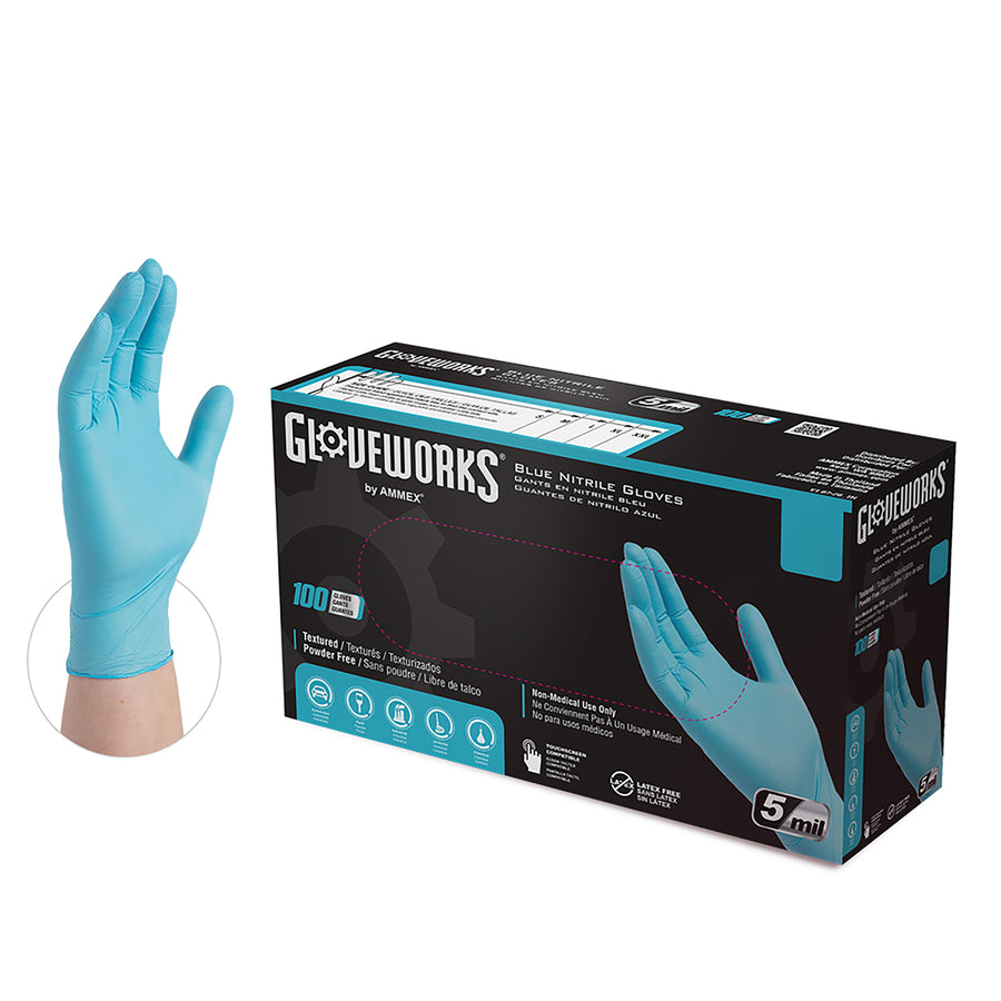 Ammex Gloveworks INPF蓝色丁腈一次性组装手套，无粉，5-6毫升，小，每盒100只