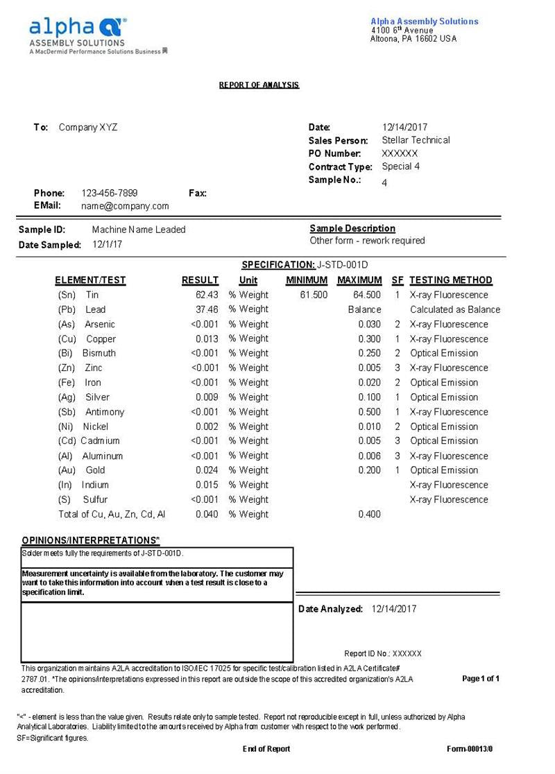 Solder Analysis - Lab Test on Tin Lead Alloys Stellar 