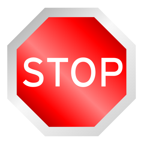 six sided red sign with silver border and white text "stop"
