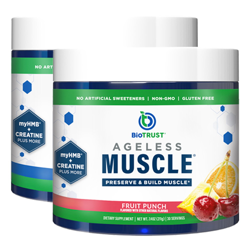 Two jars of BioTRUST Ageless Muscle supplement, fruit punch flavor.