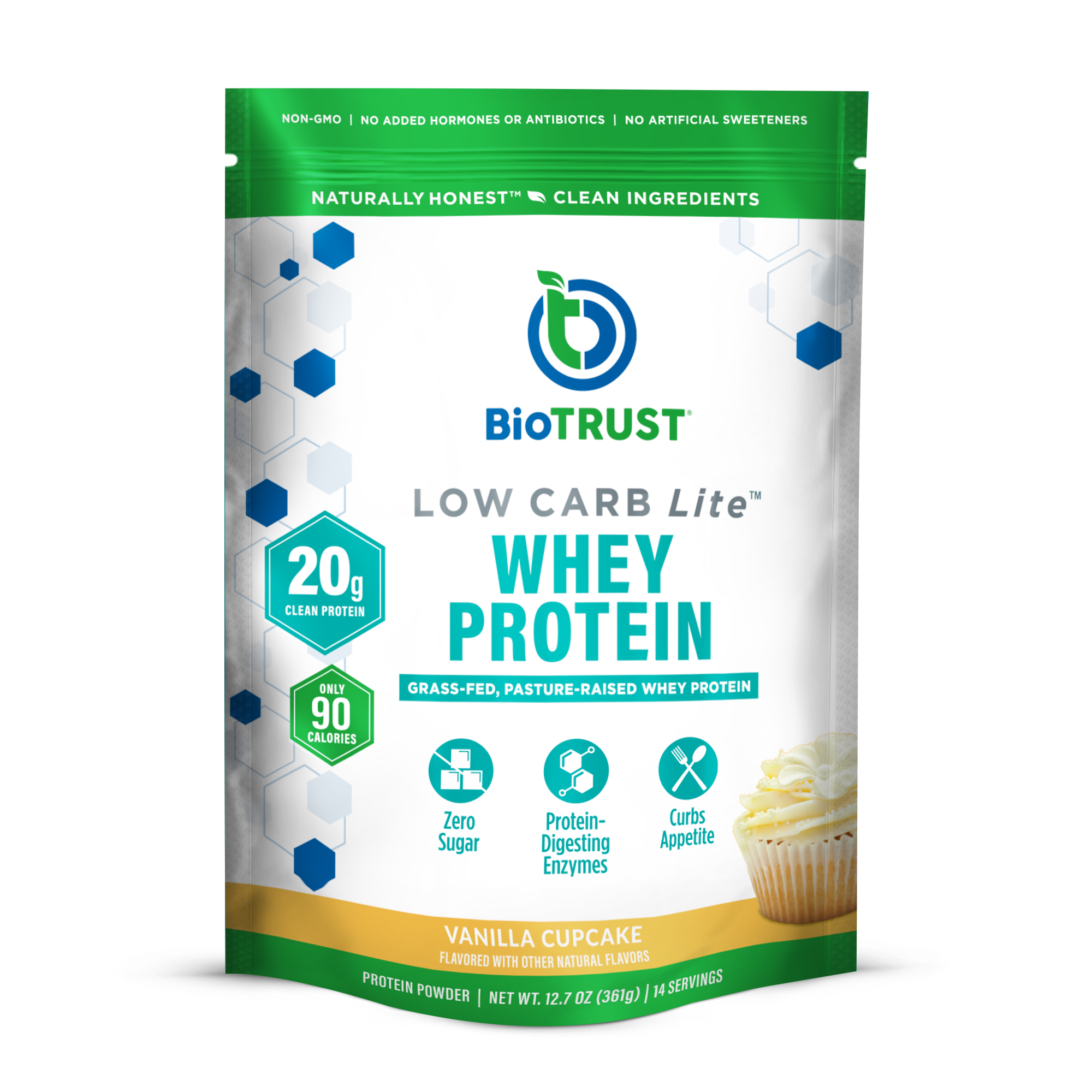 BioTrust Low Carb Multi Protein Vanilla Cream packaging with nutritional highlights and clean ingredients.
