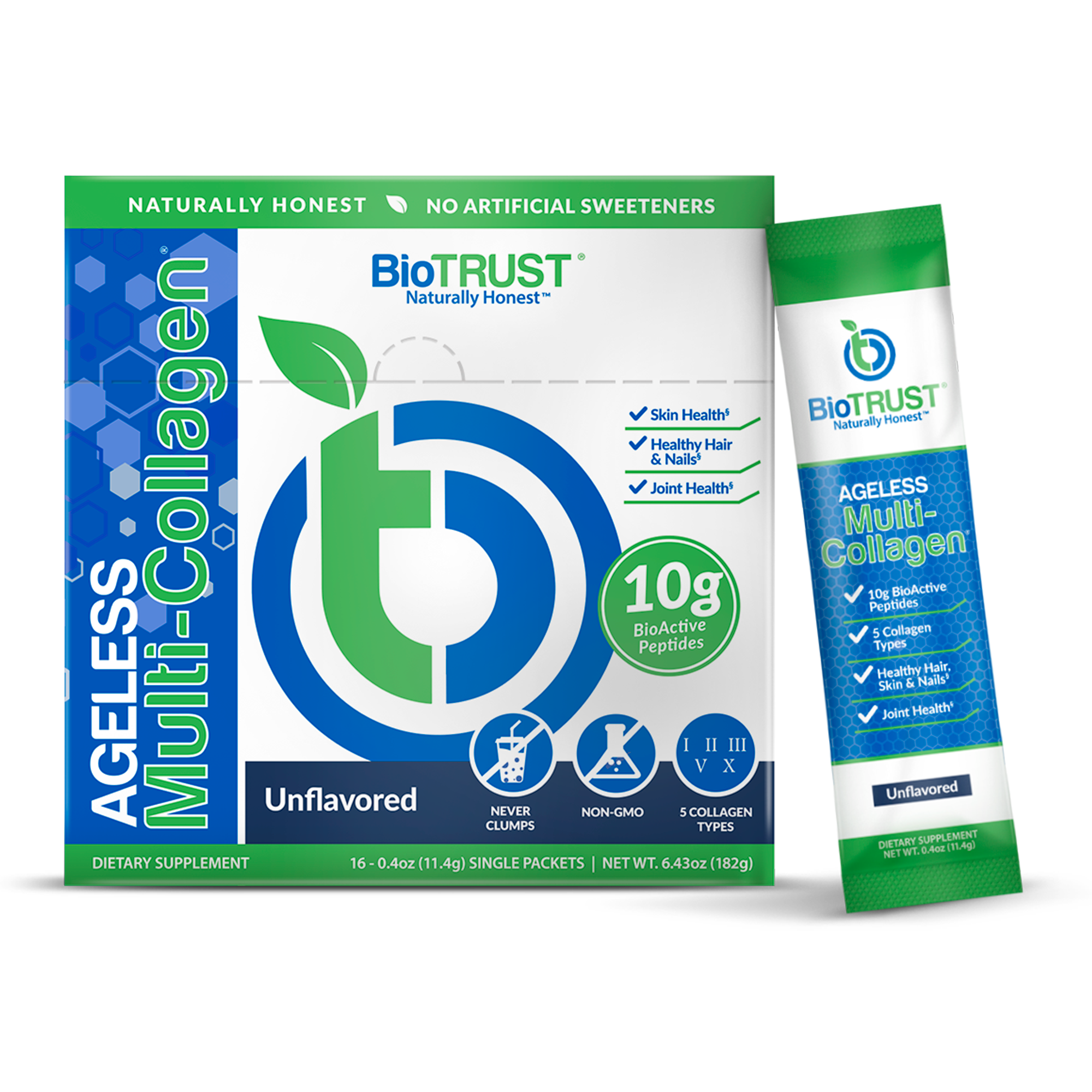 Ageless Multi-Collagen Protein Powder | BioTRUST - Unflavored Stick Packs 16ct