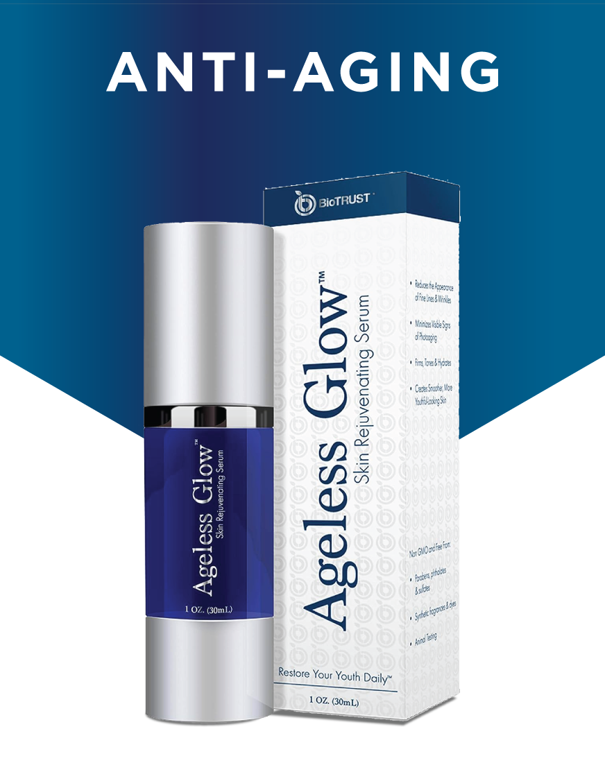 'Anti-aging Ageless Glow serum bottle and packaging with text and brand logo.'