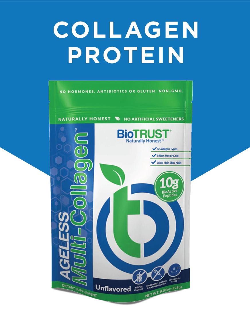 A package of BioTRUST Ageless Multi-Collagen Protein Supplement, unflavored.