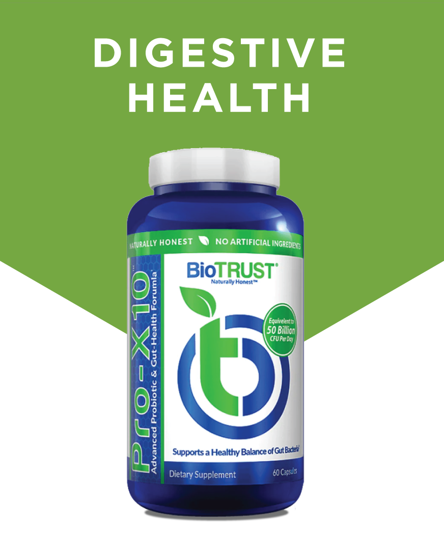 A bottle of BioTrust Pro-X10 probiotic dietary supplement against a green background.