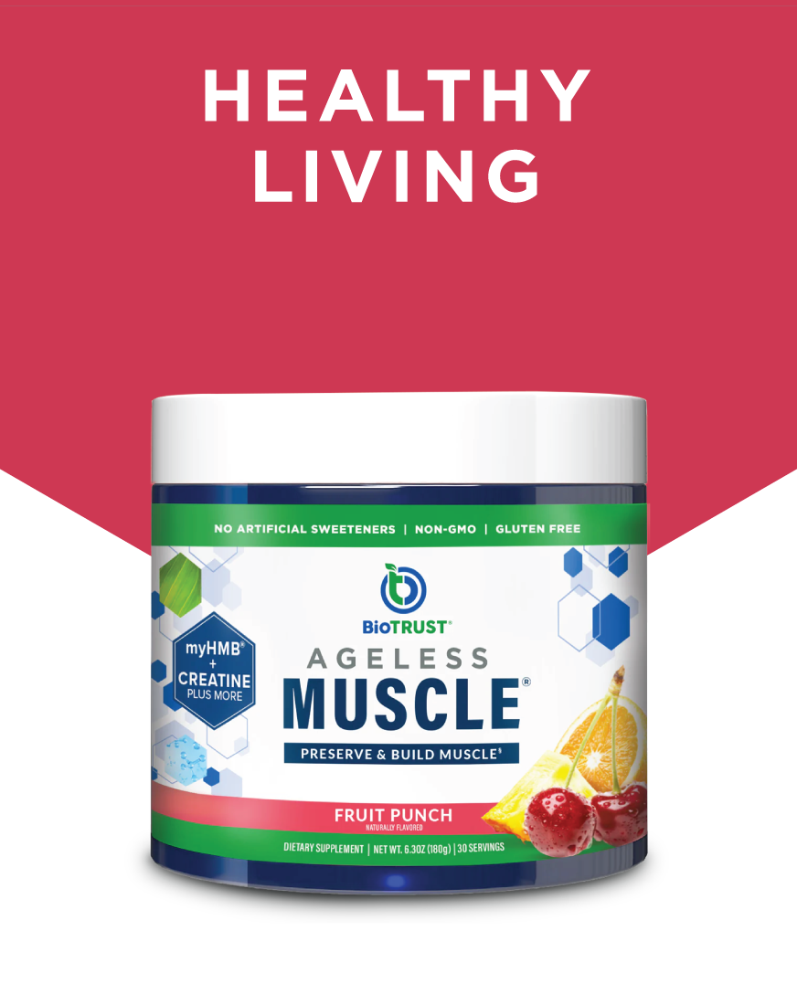 Advert for BioTrust Ageless Muscle dietary supplement with 'Healthy Living' text and fruit images.