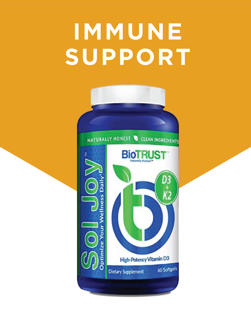 Bottle of BioTrust Soljoy immune support supplement with orange background.