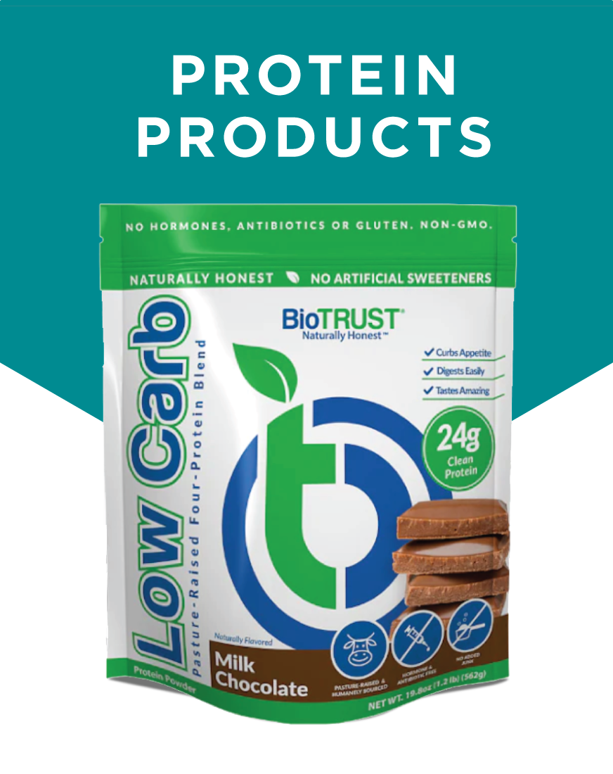 Package of BioTrust Low Carb milk chocolate protein powder with product claims.