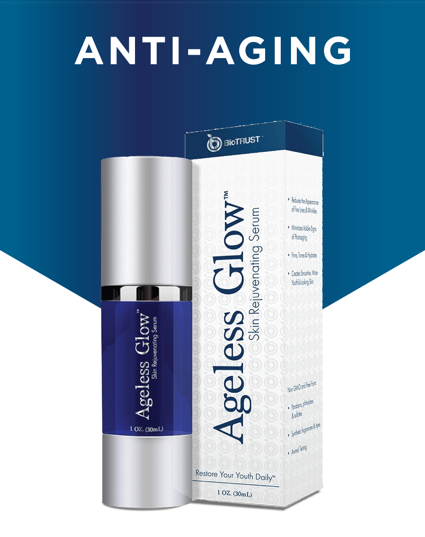 Anti-aging skincare product 'Ageless Glow' with packaging.
