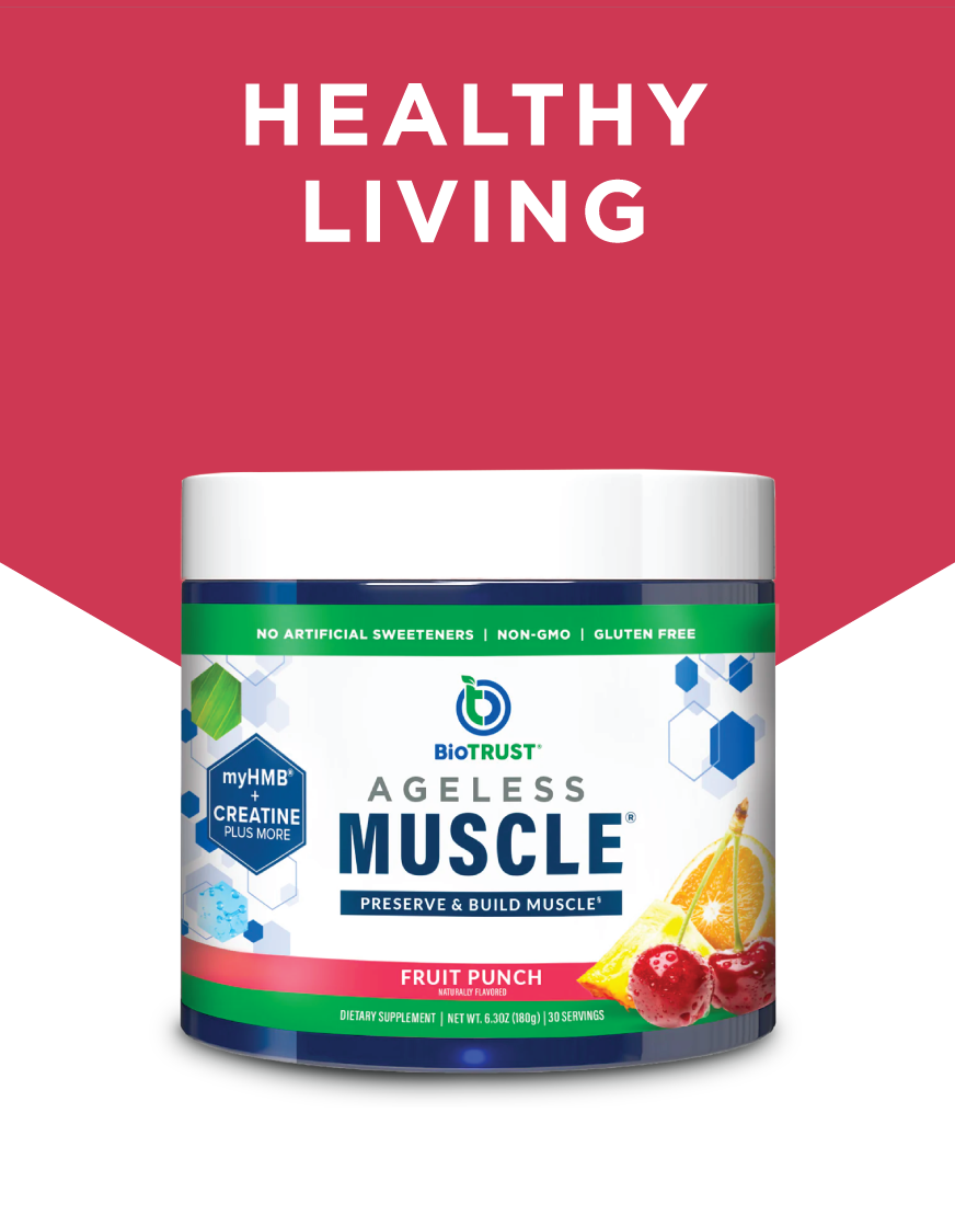 Container of BioTrust Ageless Muscle dietary supplement with 'Healthy Living' text above on a pink background.