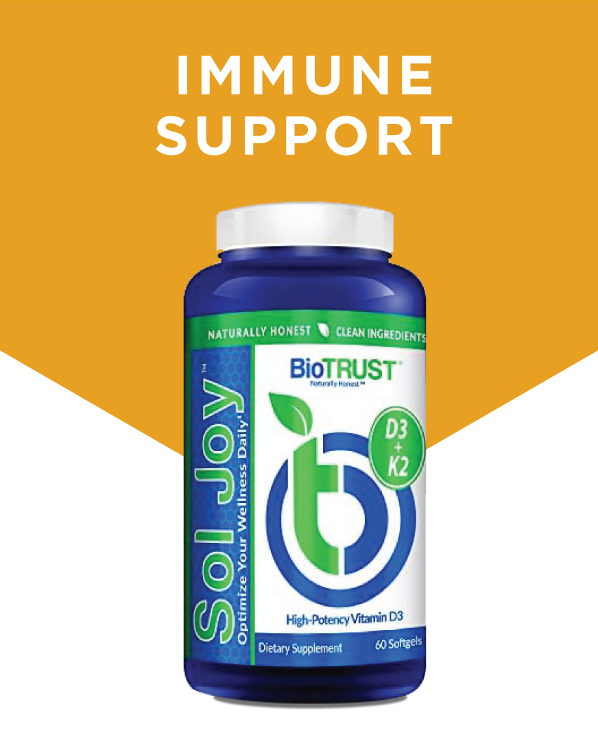 Bottle of BioTrust SolJoy Immune Support dietary supplement with Vitamin D3 and K2.