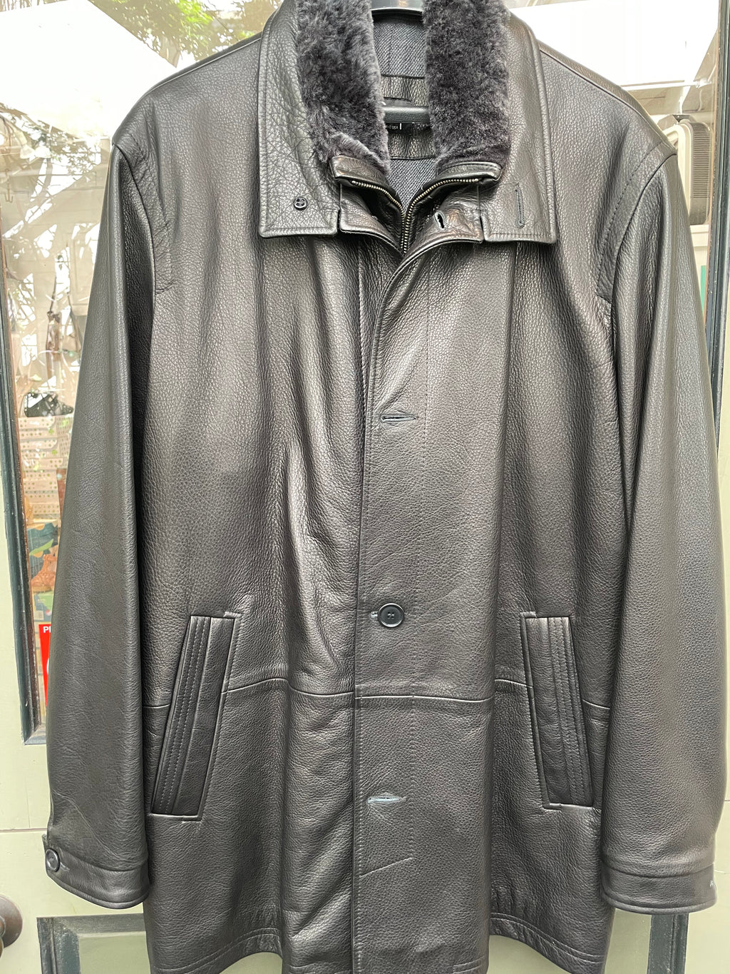 Men's Black Hunter Shearling Car Coat with Mocha Leather Accents