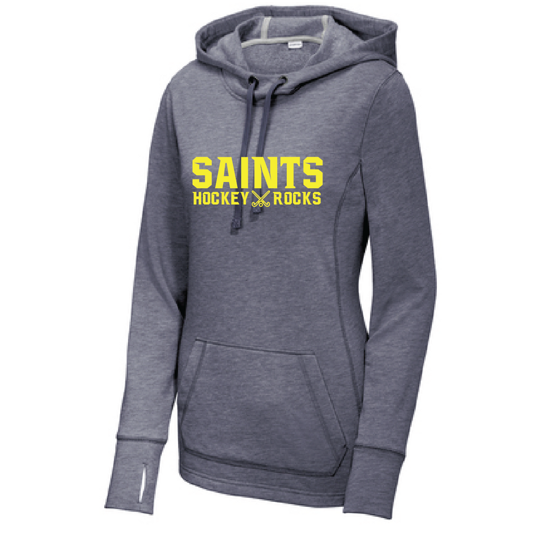 Ladies PosiCharge Tri-Blend Wicking Fleece Hooded Pullover/ True Navy Heather / Saints Field Hockey-[product_collection]