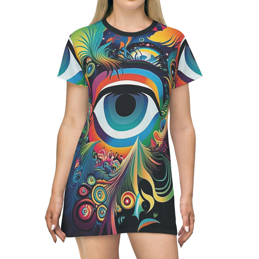Retro Inspired Psychedelic T-Shirt Dress - 60s 70s Style Mod Dress - Blue Gray Yellow