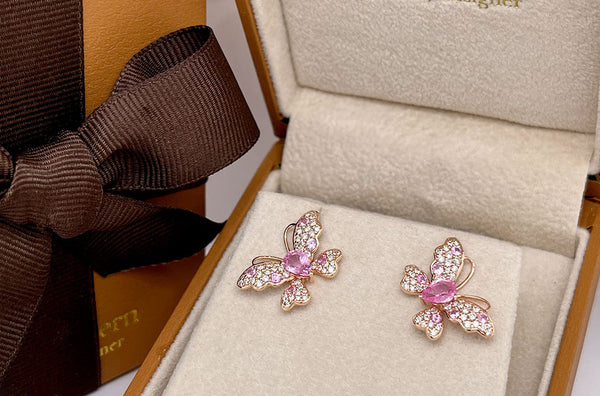 Pink Sapphire & Diamond Butterfly Stud Earrings - Nuha Jewelers