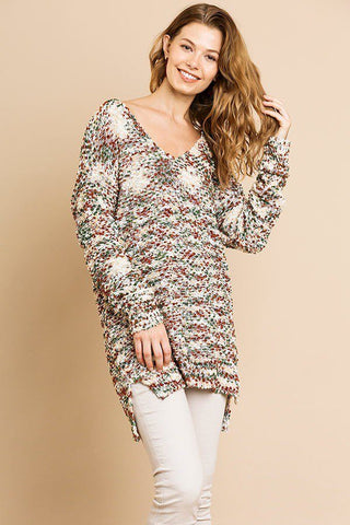 Kellie Kailani Polyester Blend Multi Color Long Sleeve V-neck Pullover Sweater (Tan Mix)