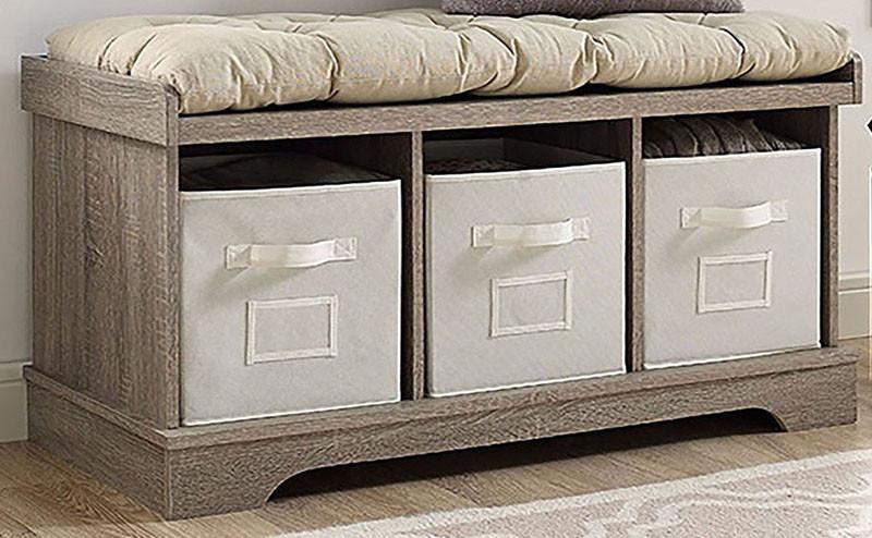 Walker Edison B42stcag 42" Wood Storage Bench With Totes And Cushion Driftwood Finish