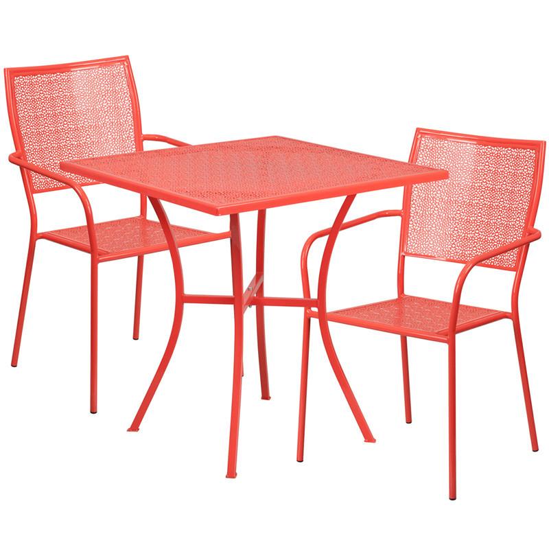 28 Square Coral Indoor Outdoor Steel Patio Table Set with 2 Square Back Chairs