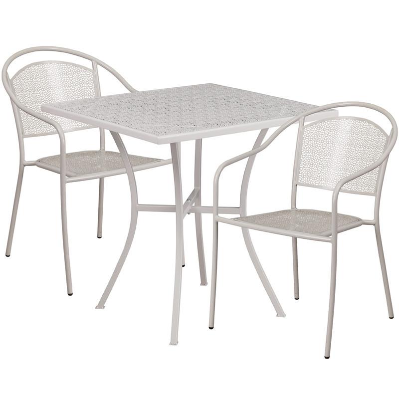 28 Square Light Gray Indoor Outdoor Steel Patio Table Set with 2 Round Back Chairs
