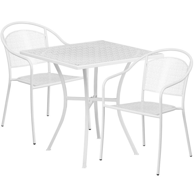 28 Square White Indoor Outdoor Steel Patio Table Set with 2 Round Back Chairs